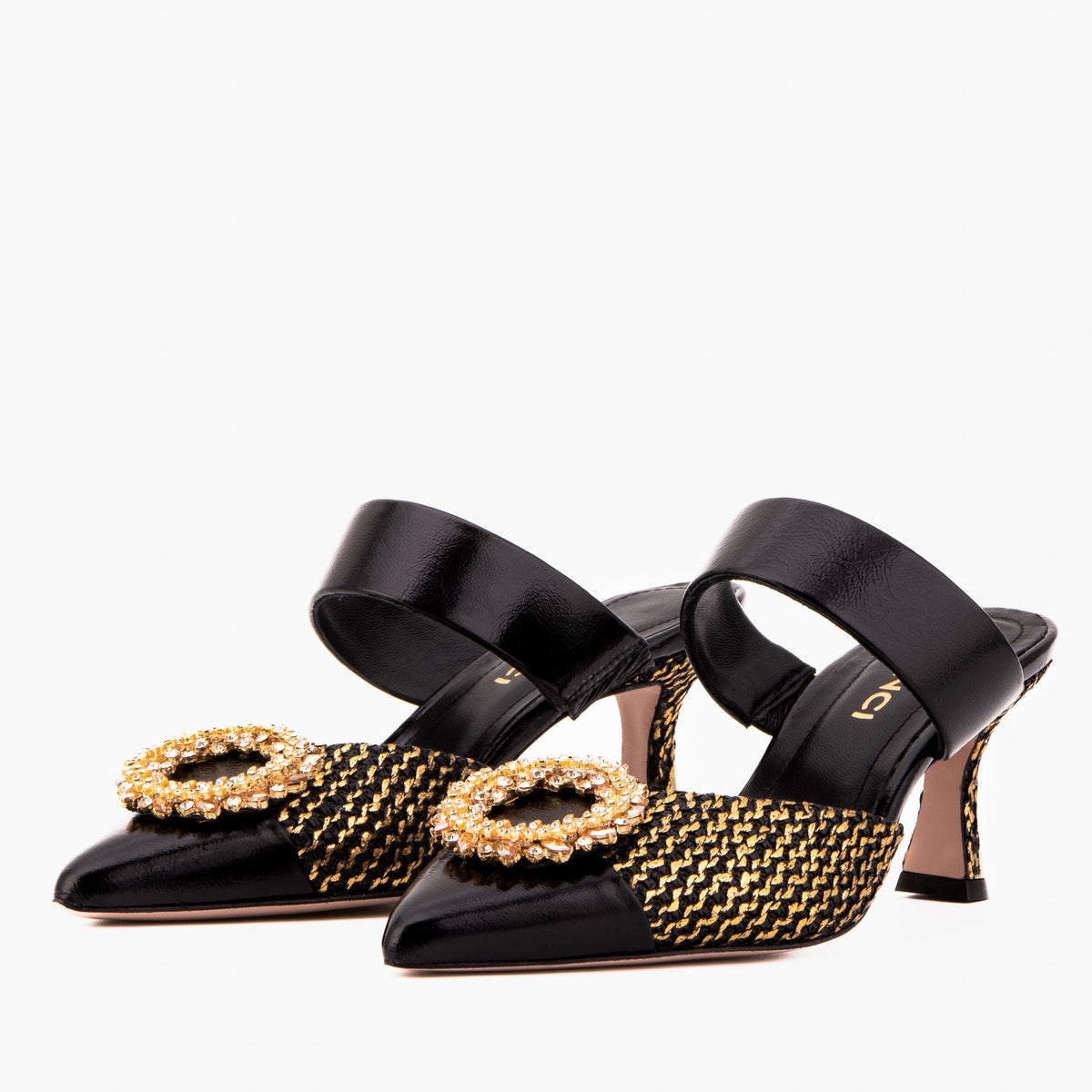 Valencia Black & Gold Jewel Heel Mule Sandal