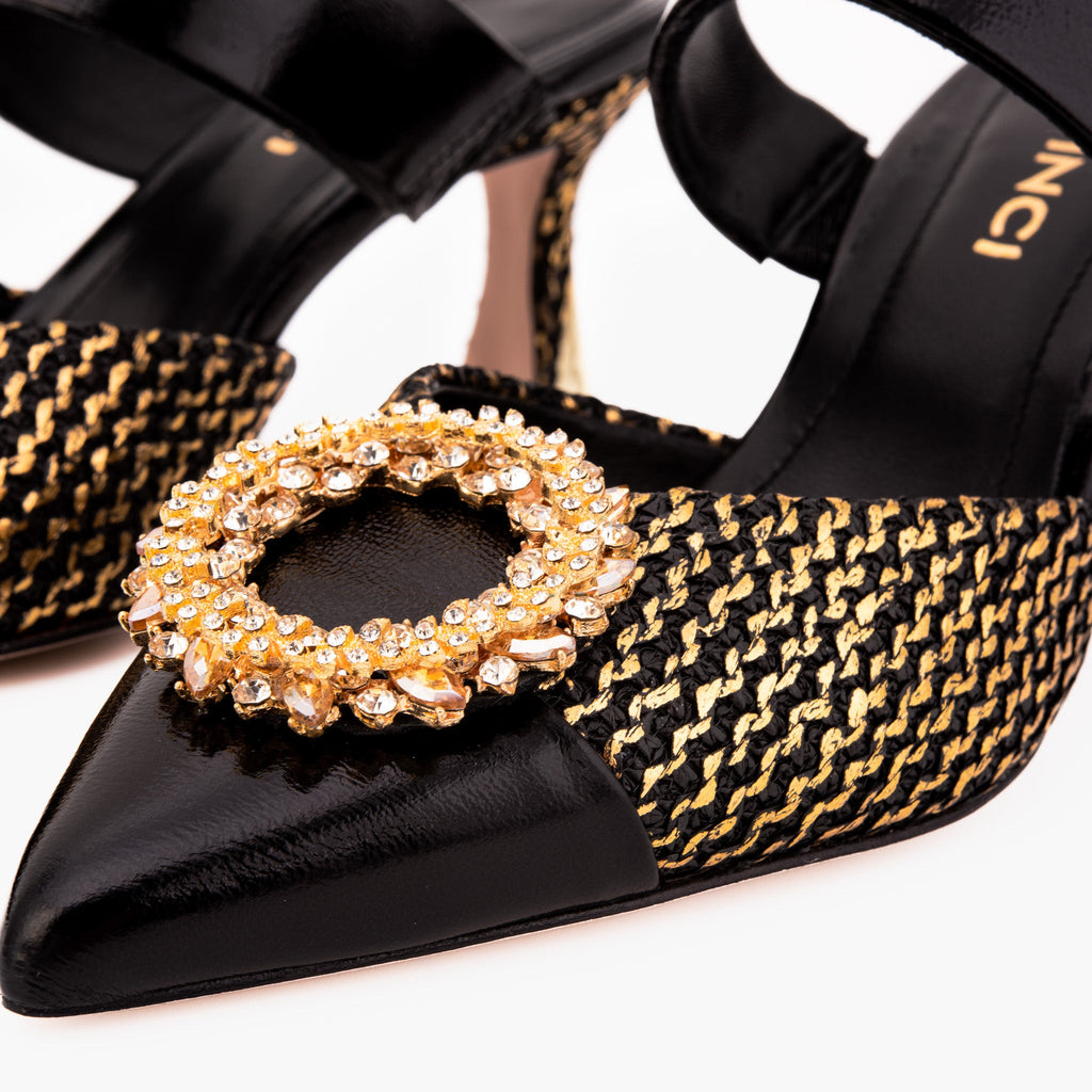 Valencia Black & Gold Jewel Heel Mule Sandal