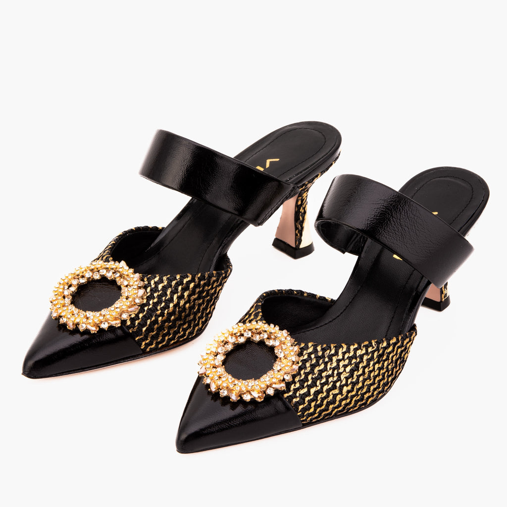 Valencia Black & Gold Jewel Heel Mule Sandal
