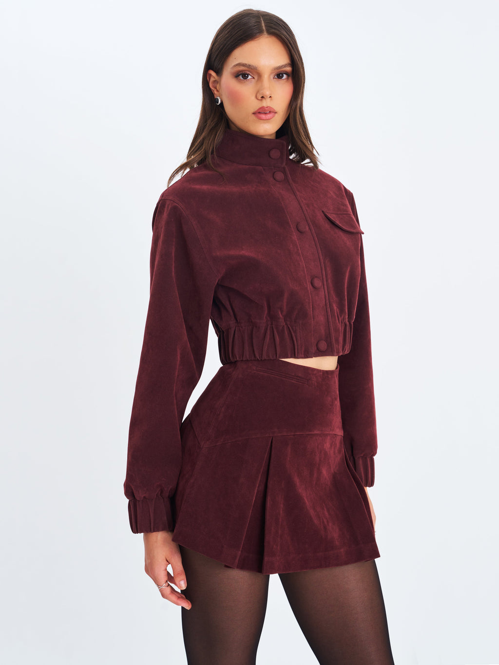 Farryn Mahogany Vegan Suede Cropped Bomber Jacket