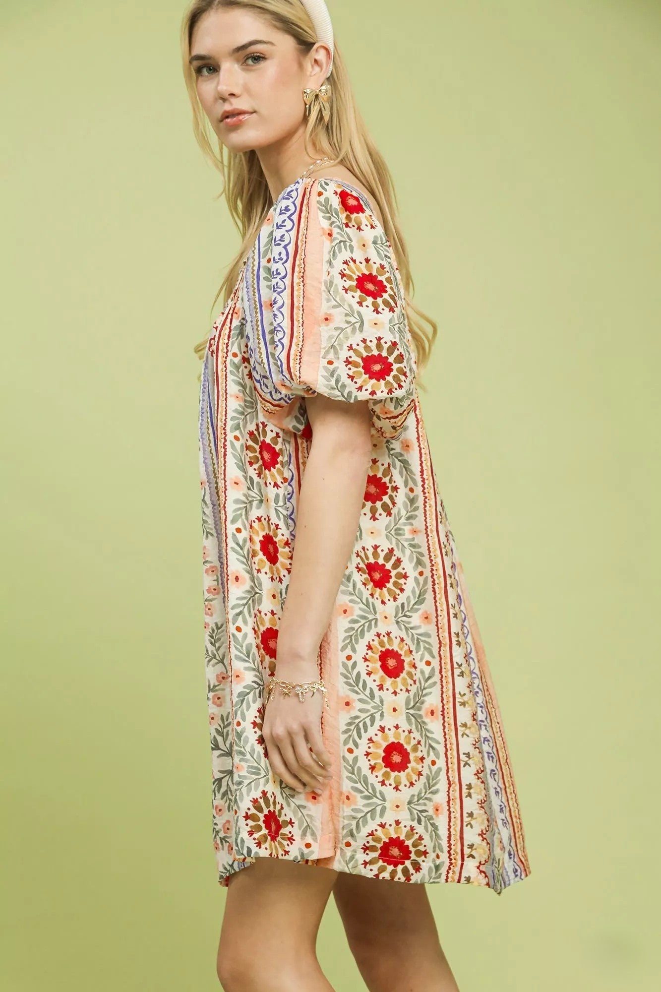 Mixed Print Puff Sleeve Mini Dress