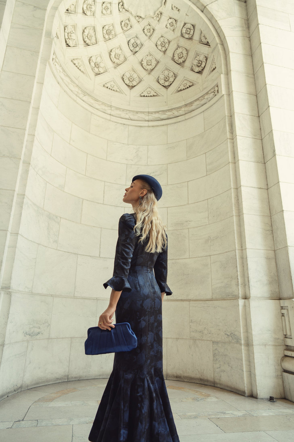 Shiri Dress- Navy Blur Roses on Black