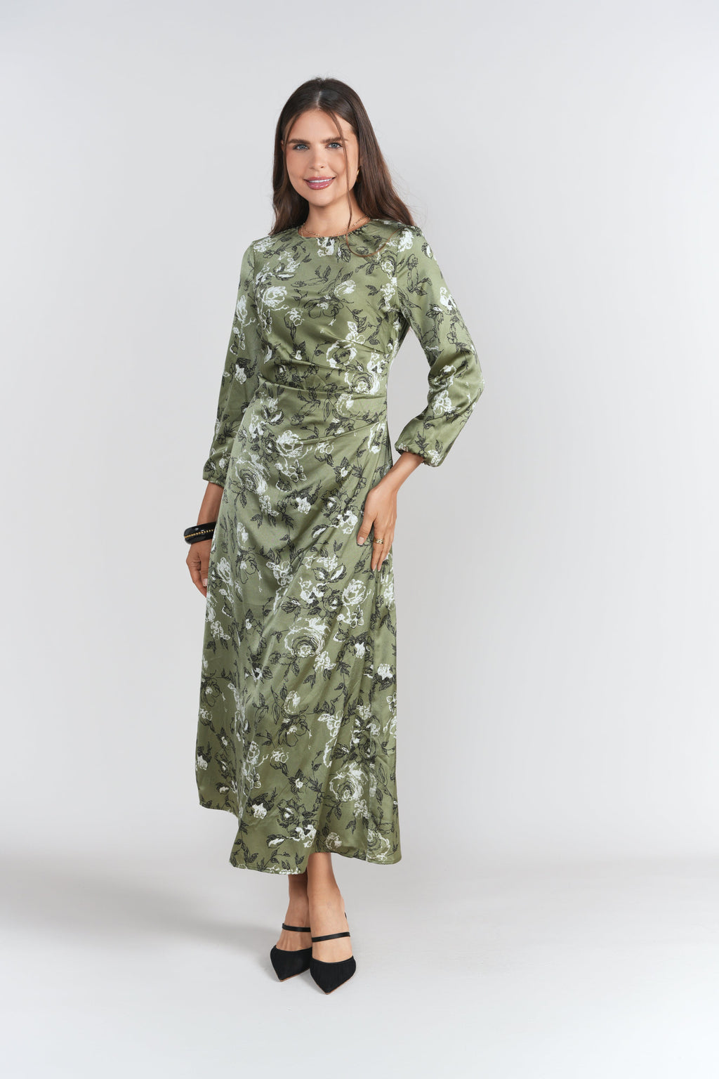 Side Ruched Dress- Soft Olive and Roses