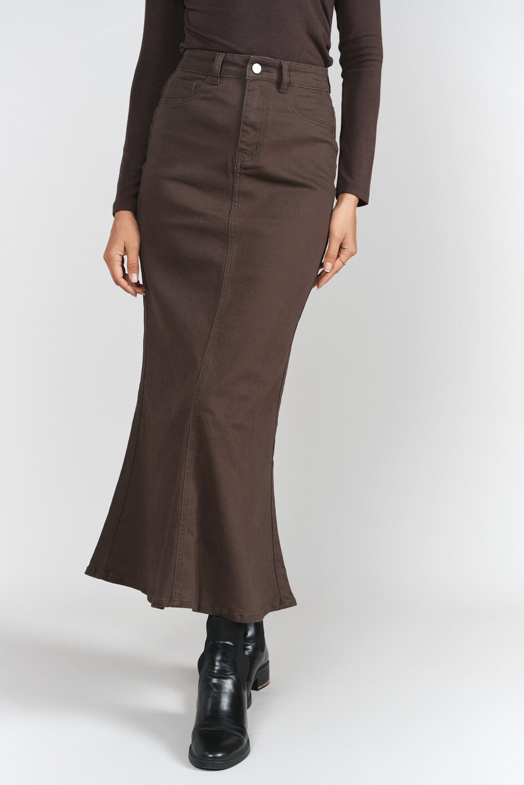 Mermaid Denim Maxi Skirt- Brown