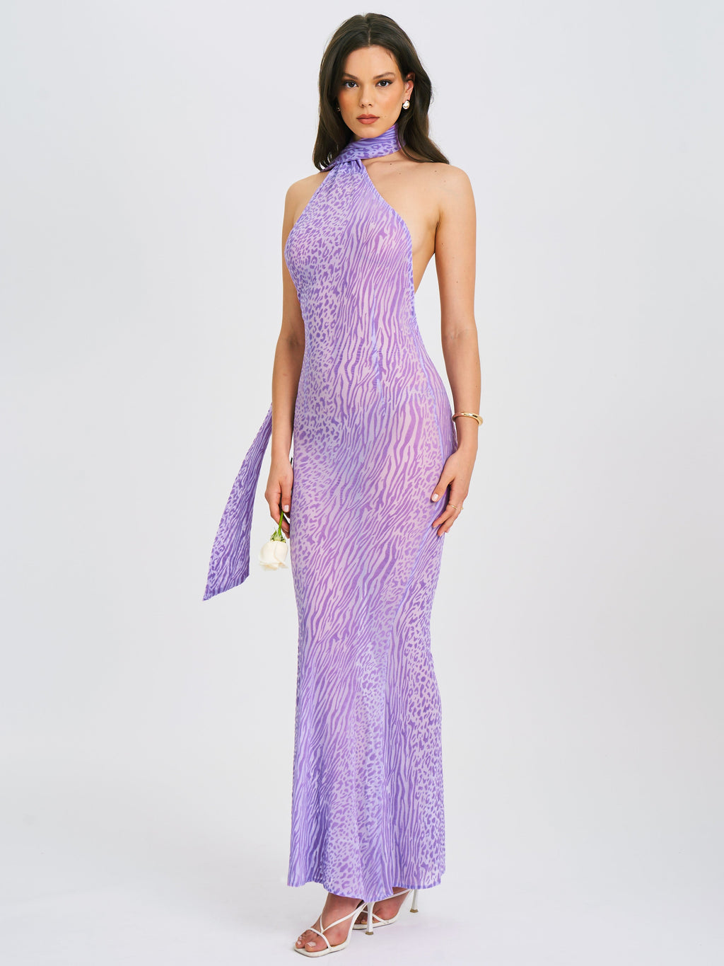 Olena Purple Burnout Velvet Animal Print Mesh Halter Neck Maxi Dress