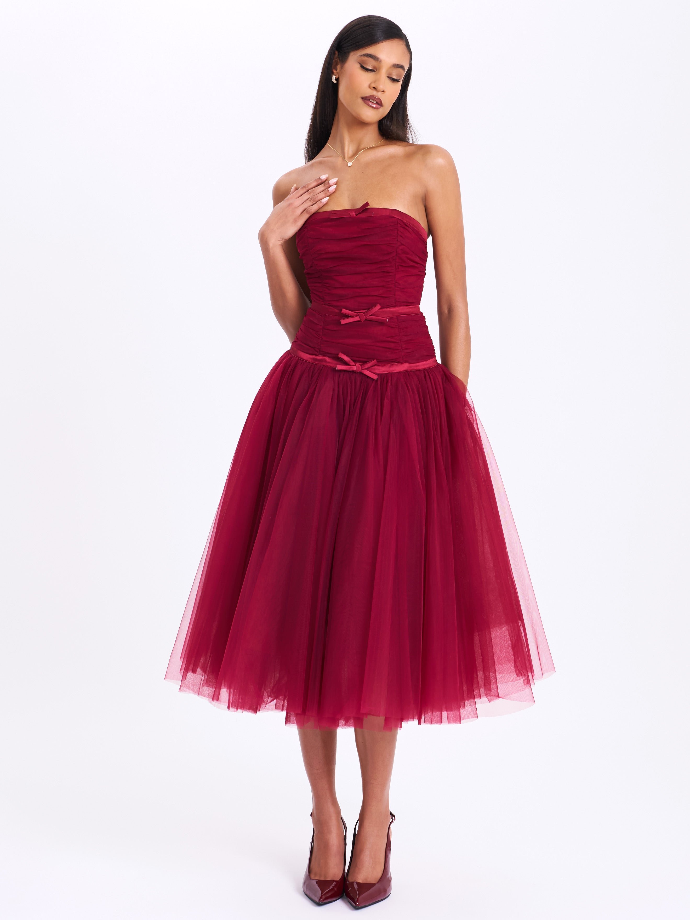Mabel Burgundy Drop Waist Layered Mesh Midi Puffy Dress with Bow