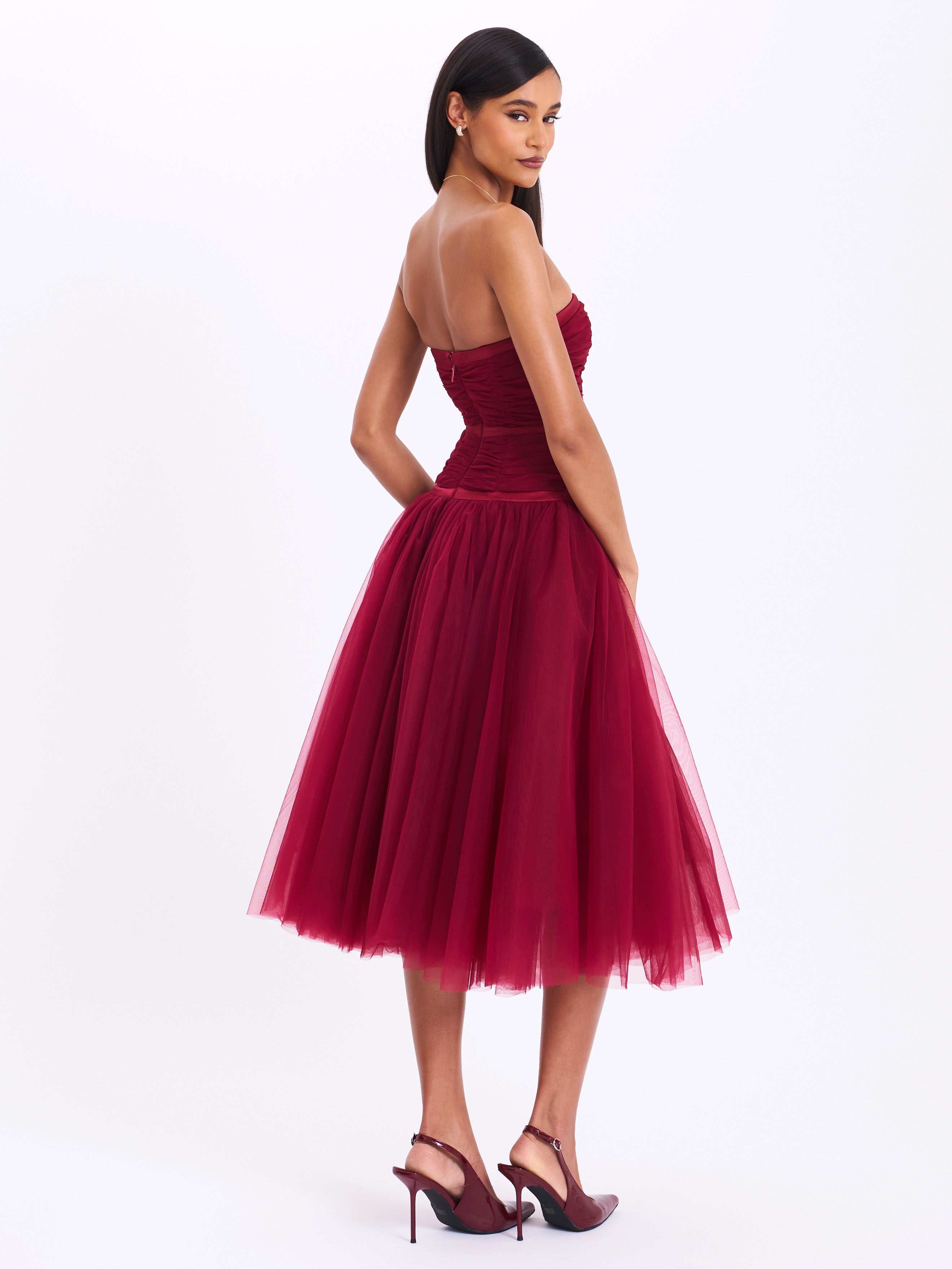 Mabel Burgundy Drop Waist Layered Mesh Midi Puffy Dress with Bow