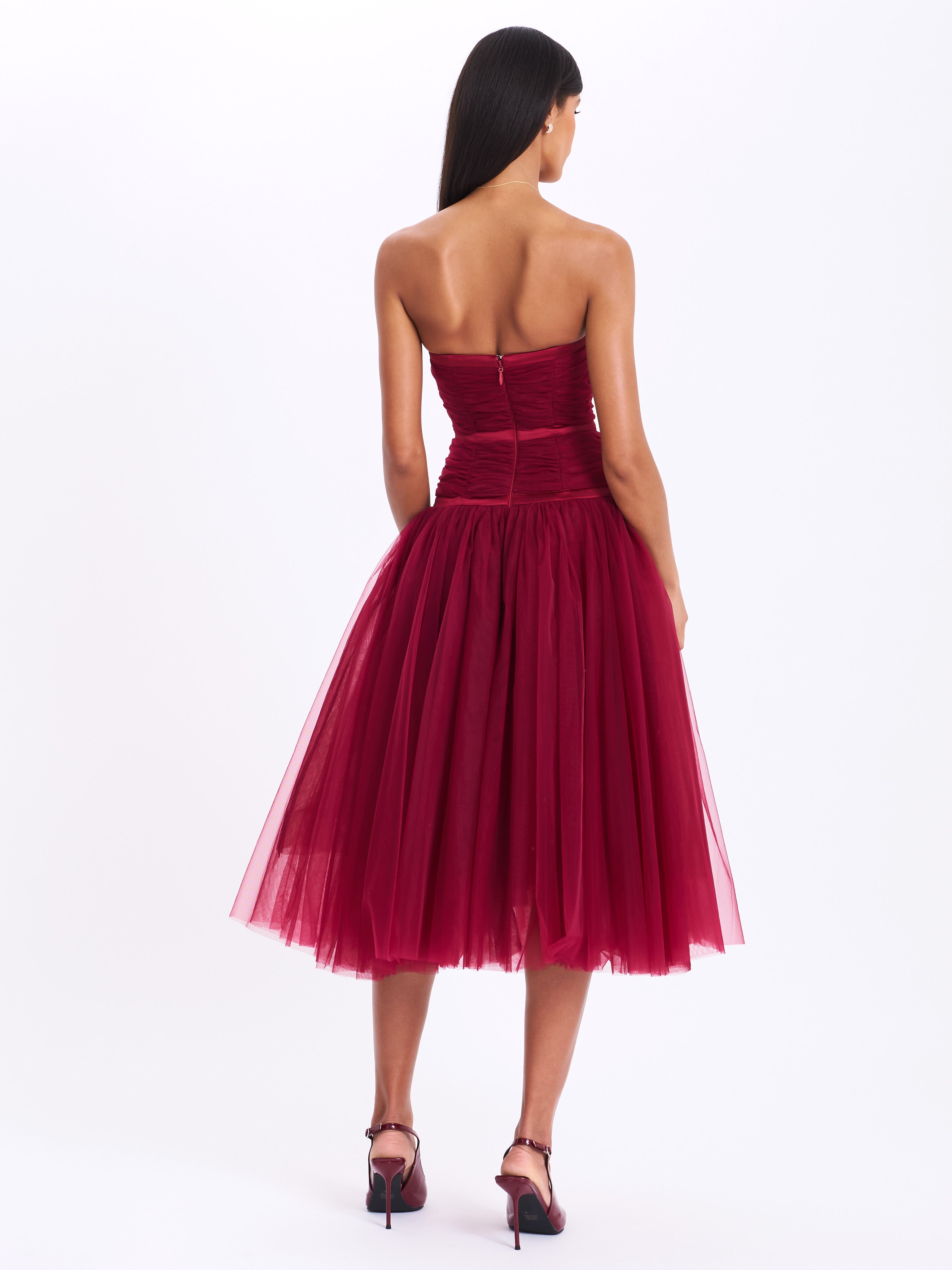 Mabel Burgundy Drop Waist Layered Mesh Midi Puffy Dress with Bow