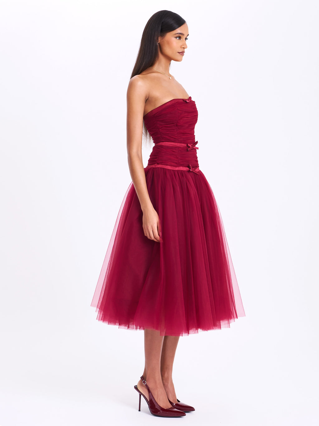 Mabel Burgundy Drop Waist Layered Mesh Midi Puffy Dress with Bow