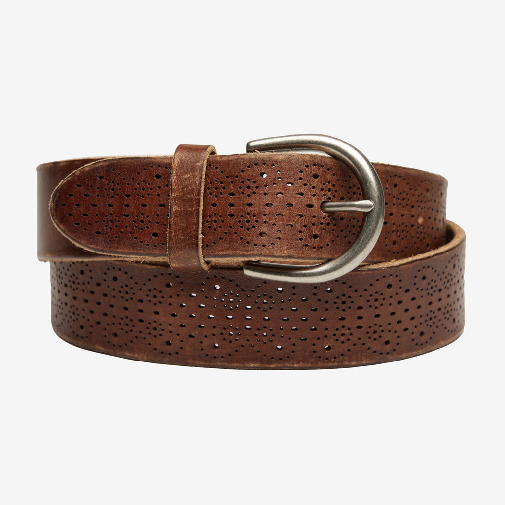 Genuine leather belt with hand punched hole pattern