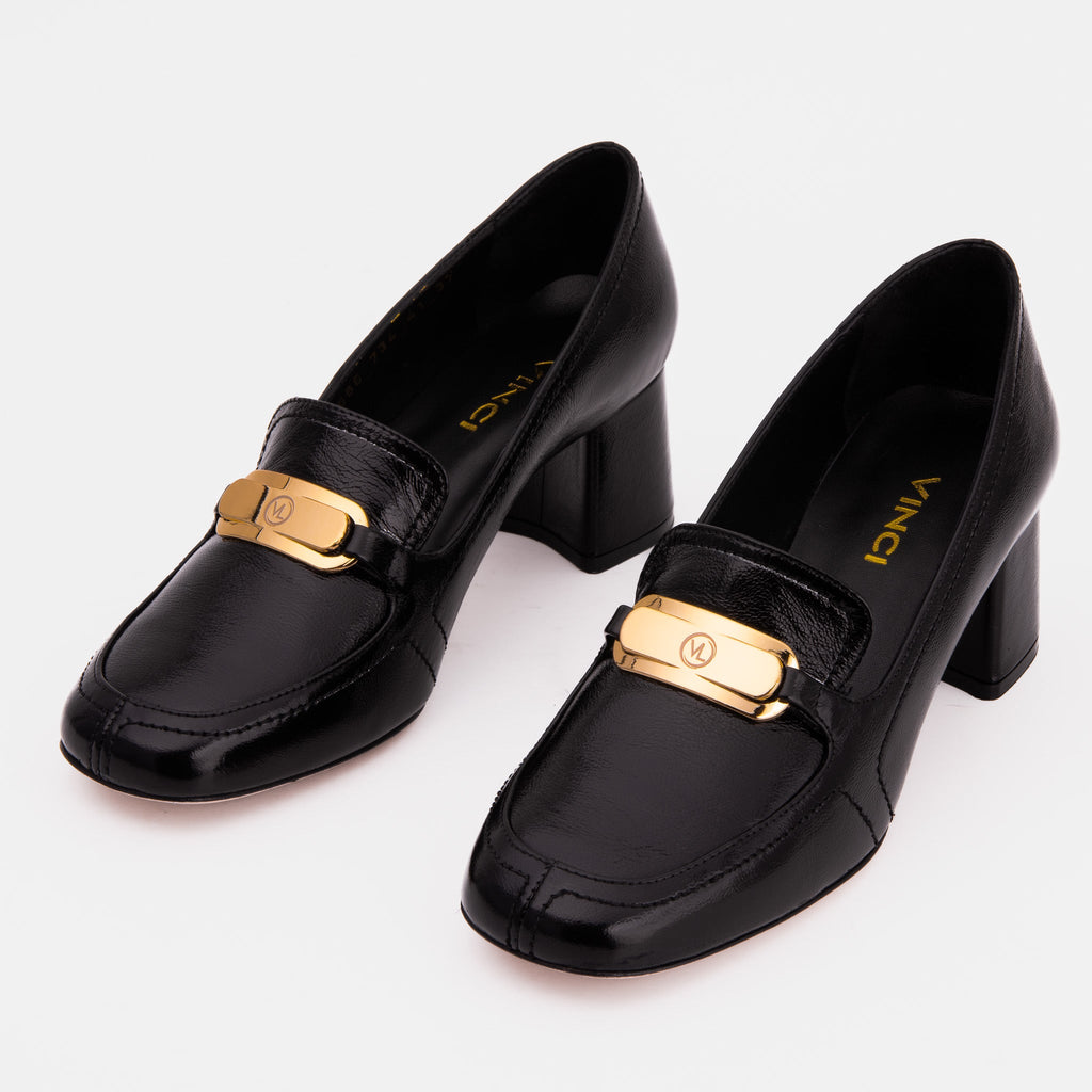 The Victoria Black Leather Block Heel Pump