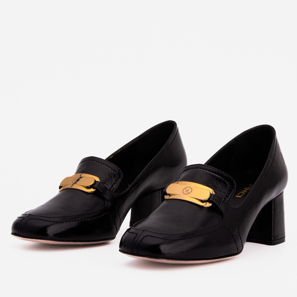 The Victoria Black Leather Block Heel Pump