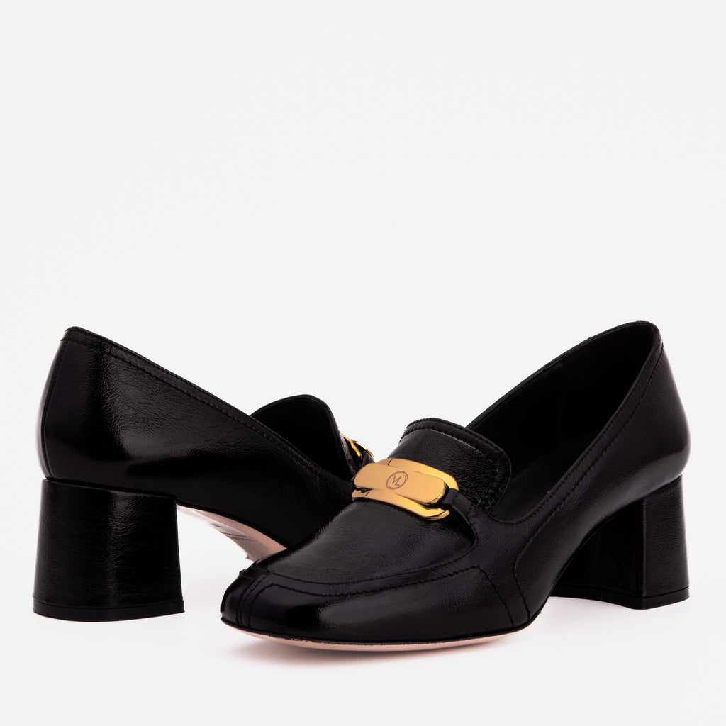 The Victoria Black Leather Block Heel Pump