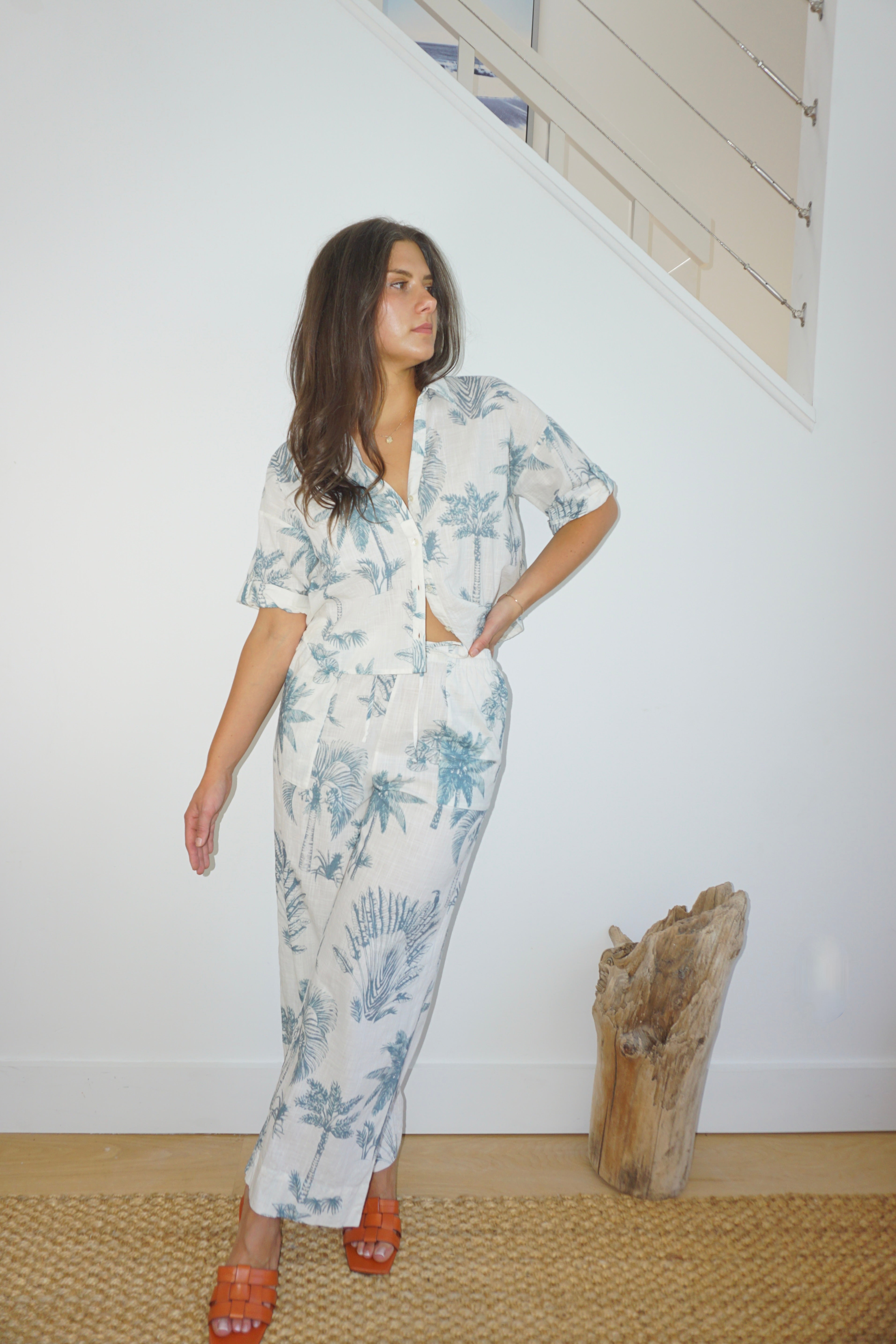 Brenna Pant in Faded Teal Palms