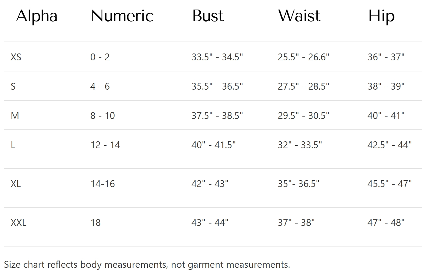 A size chart table showing body measurements for clothing sizes XS through XXL, with columns for Alpha, Numeric, Bust, Waist, and Hip. A note at the bottom says the size chart reflects body measurements, not garment measurements.