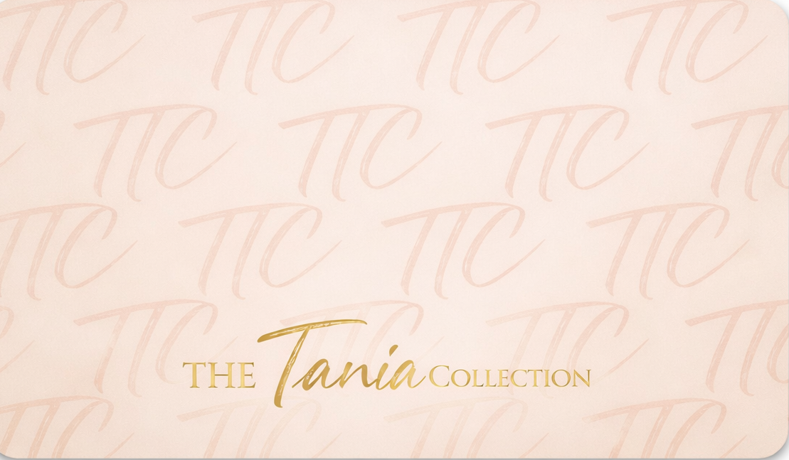 Gift card with 'The Tania Collection' branding on a light pink background