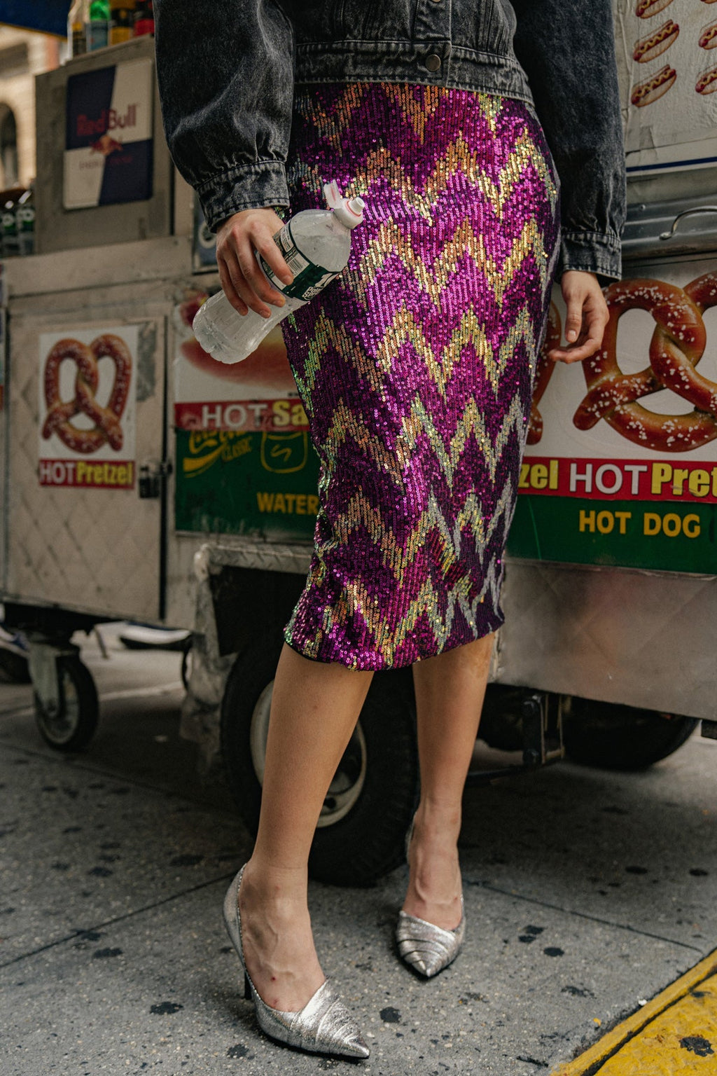 a sequin fuchsia and gold pencil midi skirt