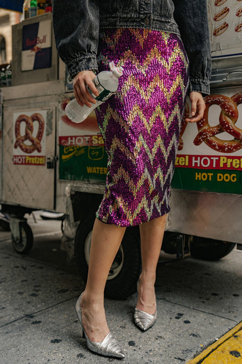 a sequin fuchsia and gold pencil midi skirt