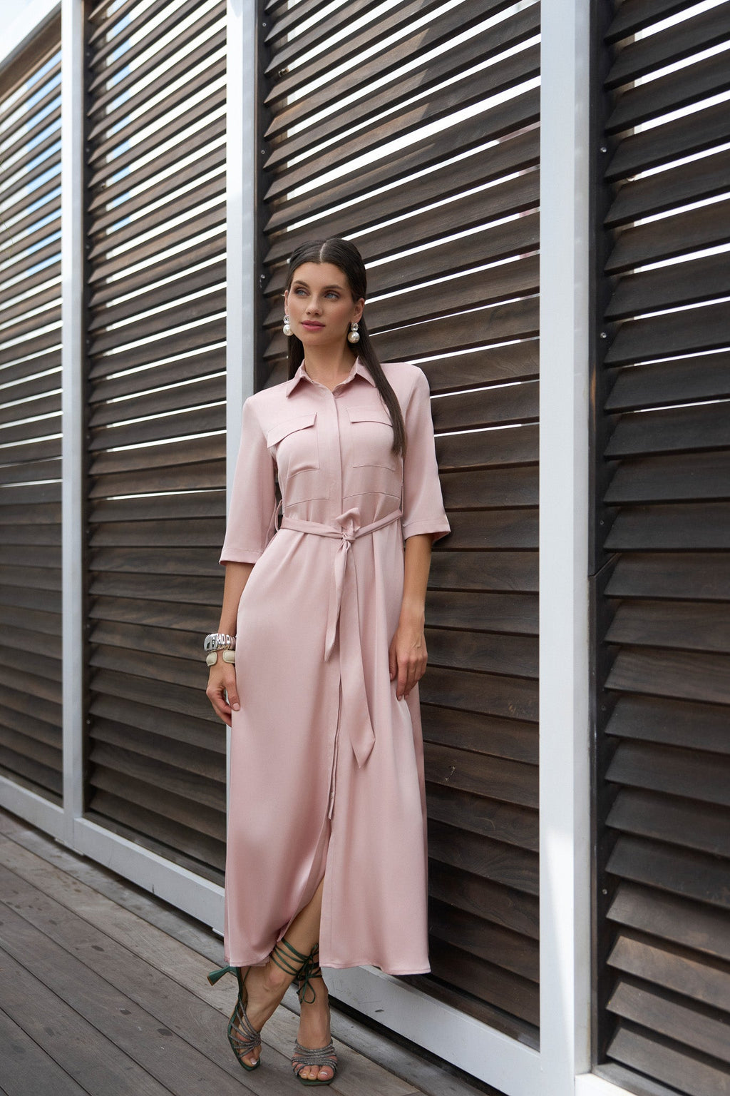 Satin Pocket Belted Dress- Pink