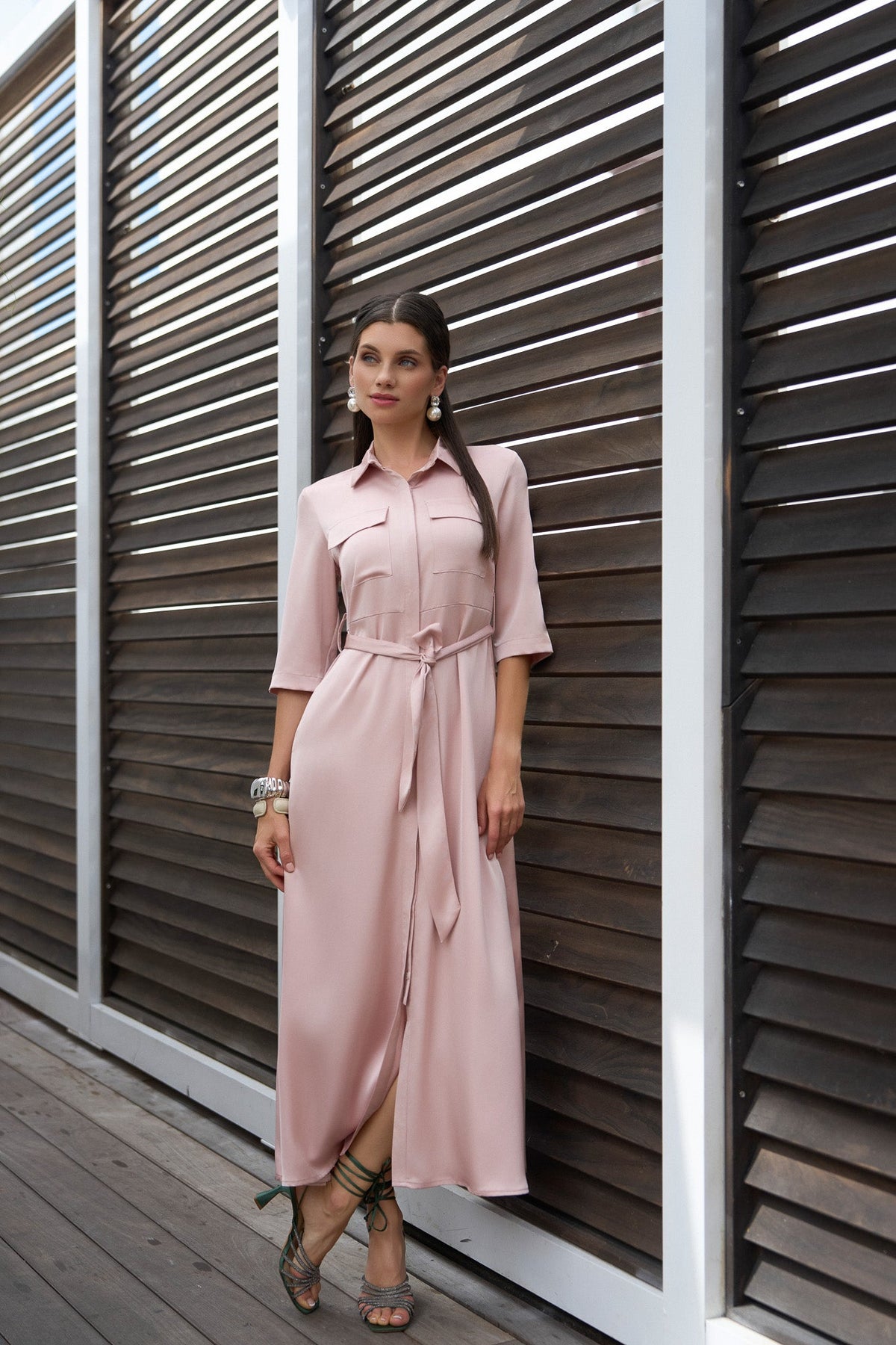 Satin Pocket Belted Dress- Pink