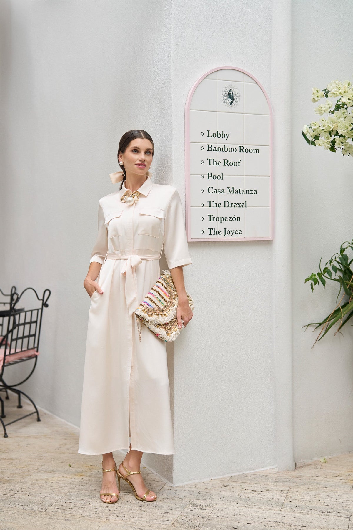 Satin Pocket Belted Dress- Cream