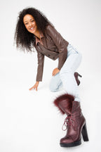 The Melo Burgundy Leather Fur-Trimmed Platform Boots
