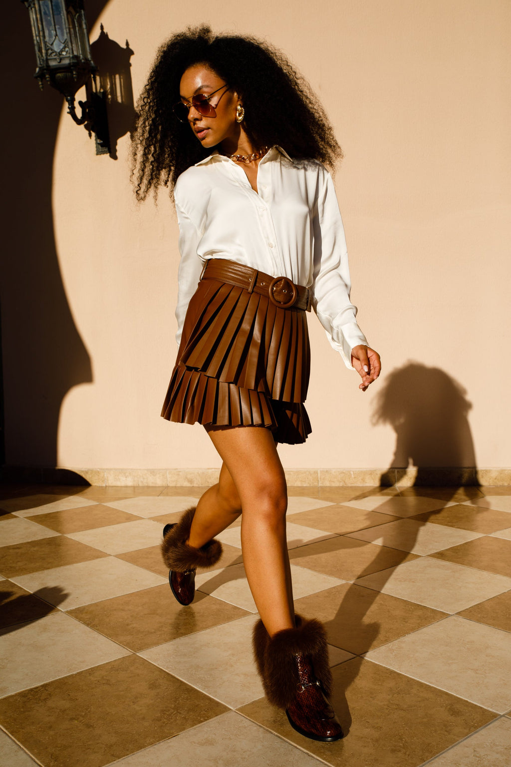 The Izmir Brown Patent Leather Fur-Trimmed Mid-Calf Boots