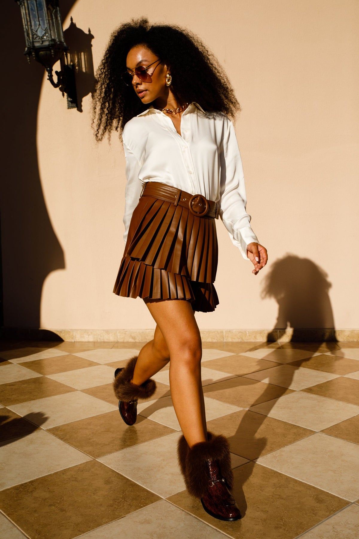 The Izmir Brown Patent Leather Fur-Trimmed Mid-Calf Boots