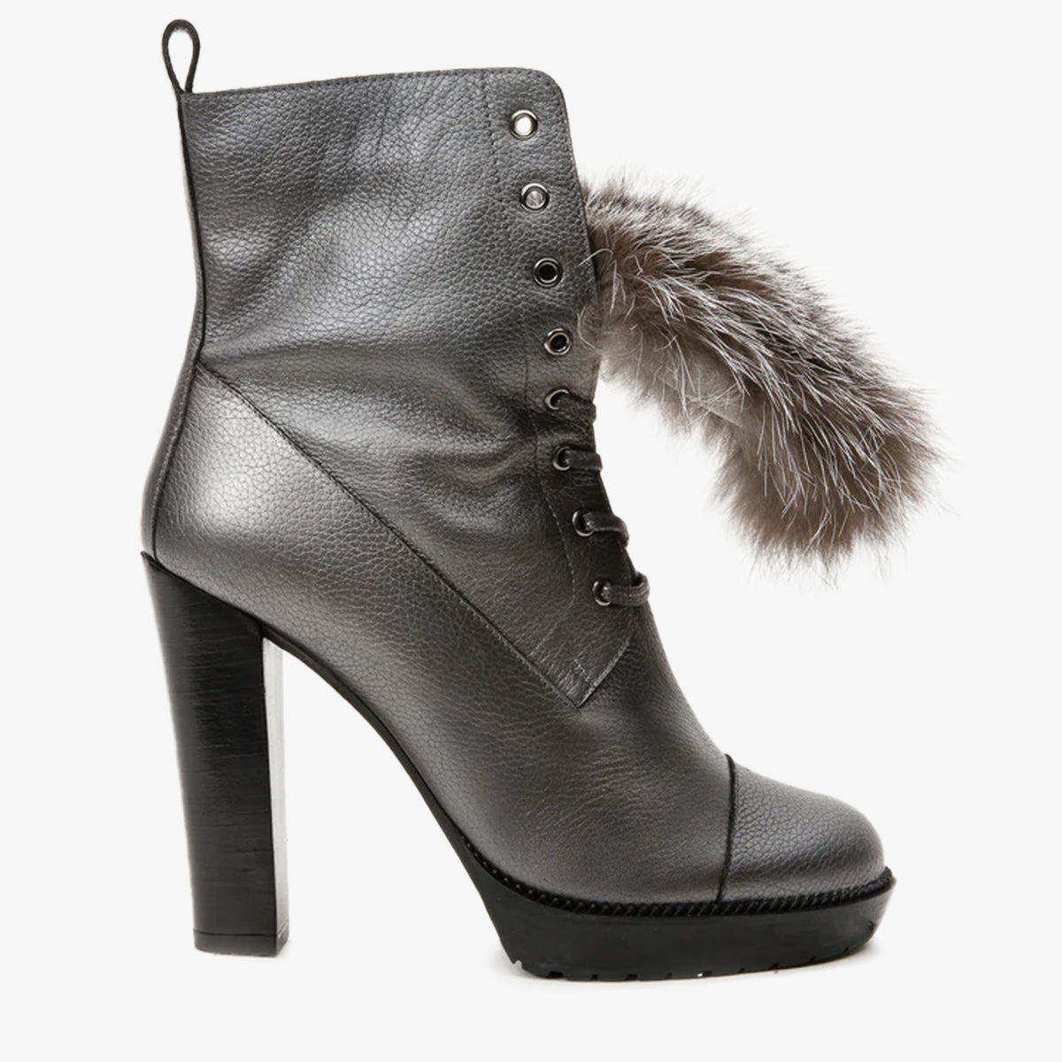 The Melo Gray Leather Fur-Trimmed Platform Boots