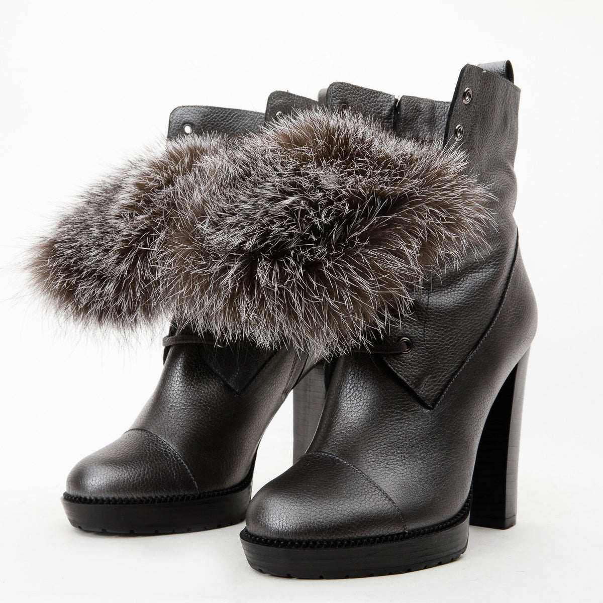 The Melo Gray Leather Fur-Trimmed Platform Boots