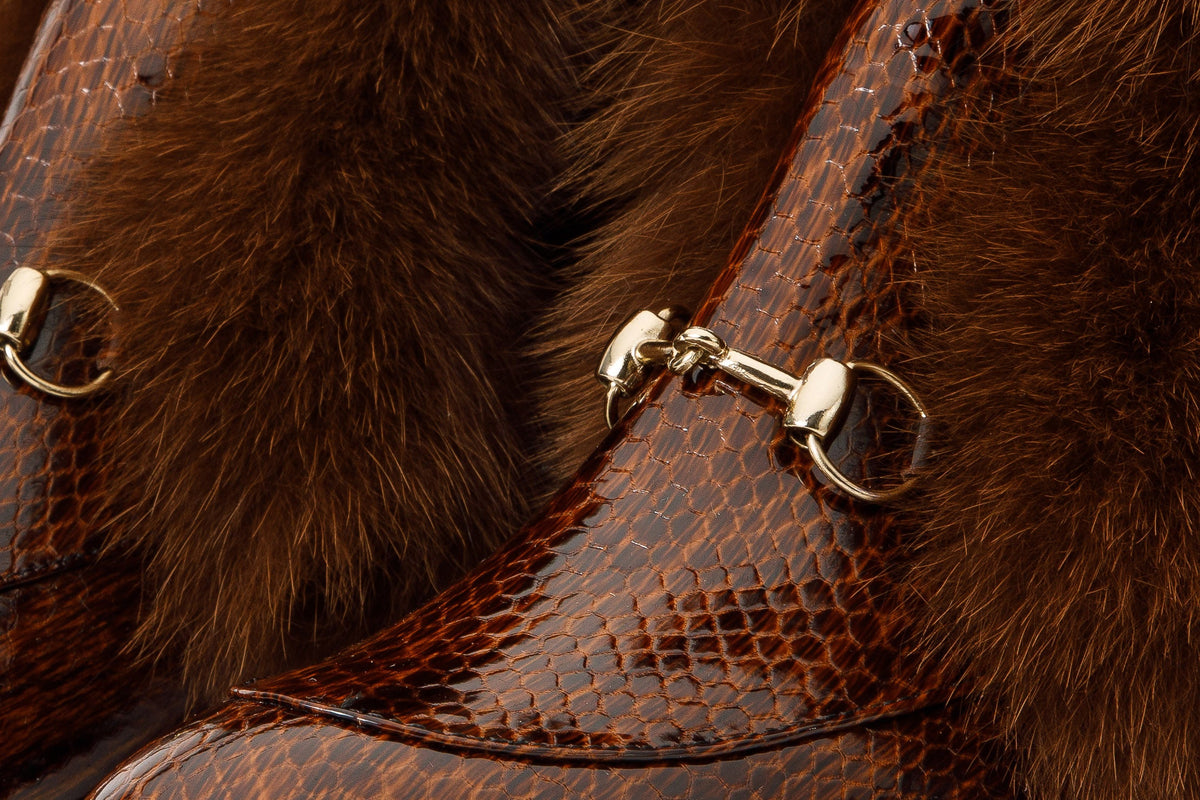 The Izmir Brown Patent Leather Fur-Trimmed Mid-Calf Boots