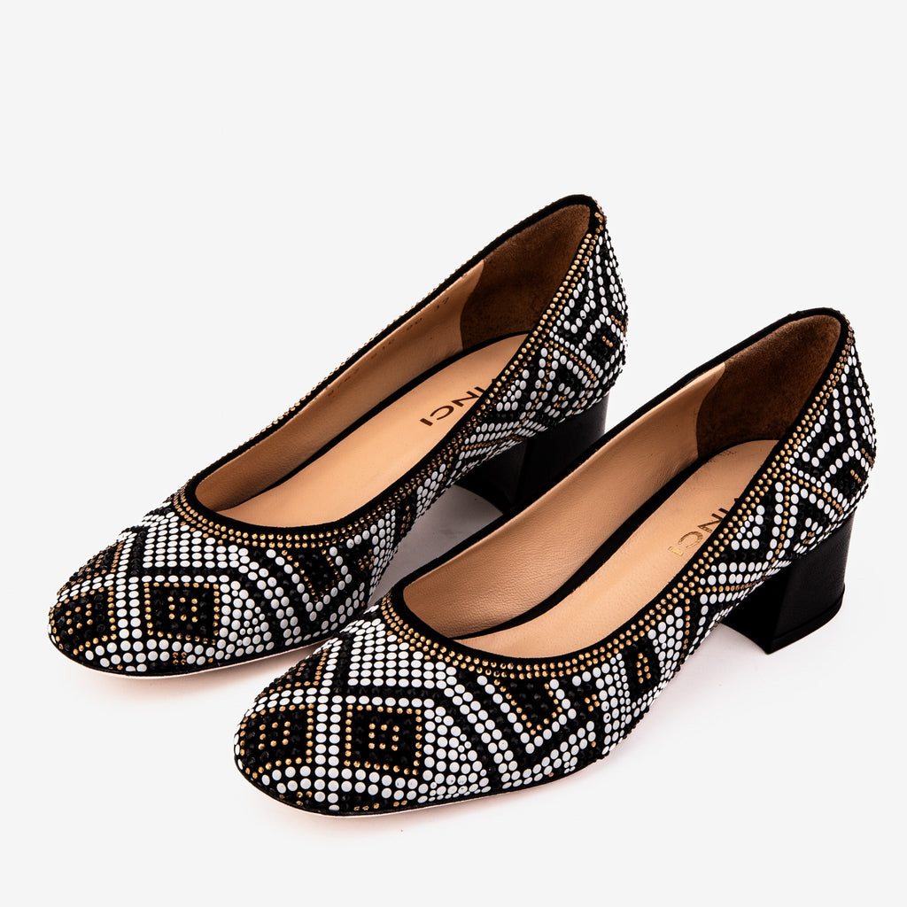 Crystal-Embellished Black Leather Pump
