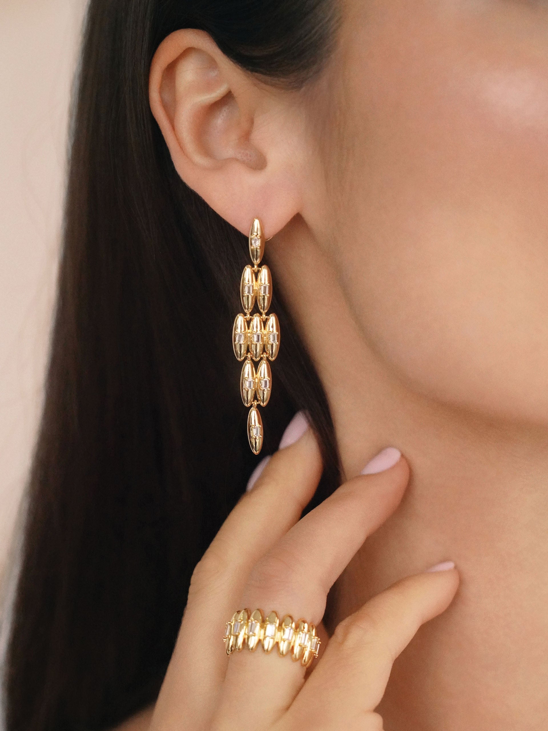 Oval Dome Baguette Dangle Earrings