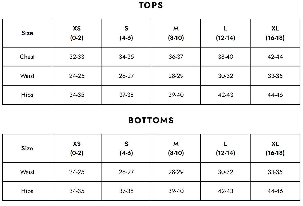 A size chart graphic showing body measurements for tops and bottoms by size (XS, S, M, L, XL) in inches, with a clean white background and black text and lines.