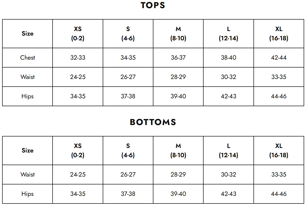 A size chart graphic showing body measurements for tops and bottoms by size (XS, S, M, L, XL) in inches, with a clean white background and black text and lines.
