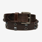 Genuine leather belt with six row pyramid and gemstone design