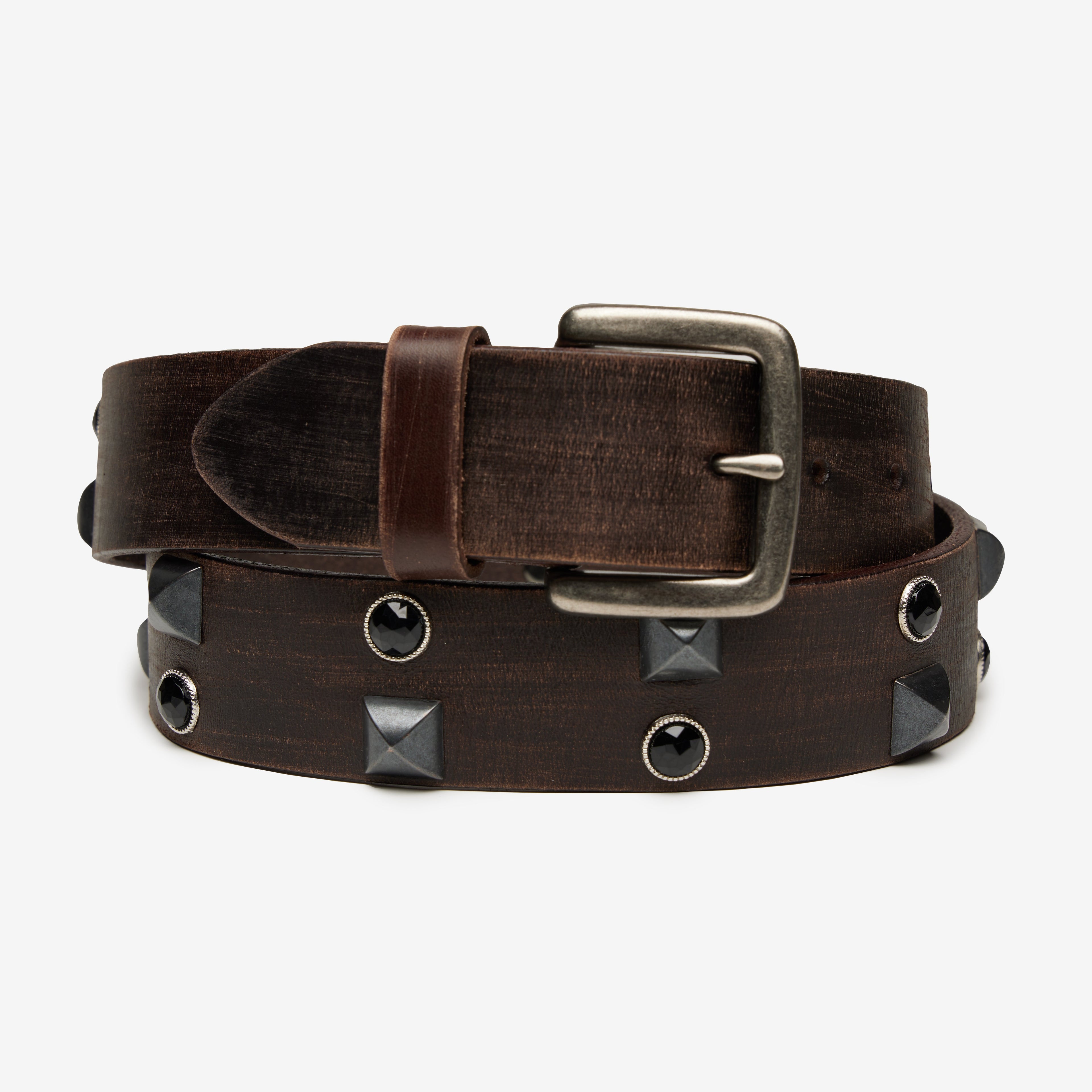 Genuine leather belt with six row pyramid and gemstone design