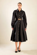 black midi dress featuring shirt collar, button down, long puff sleeve with cuff, belt and full skirt