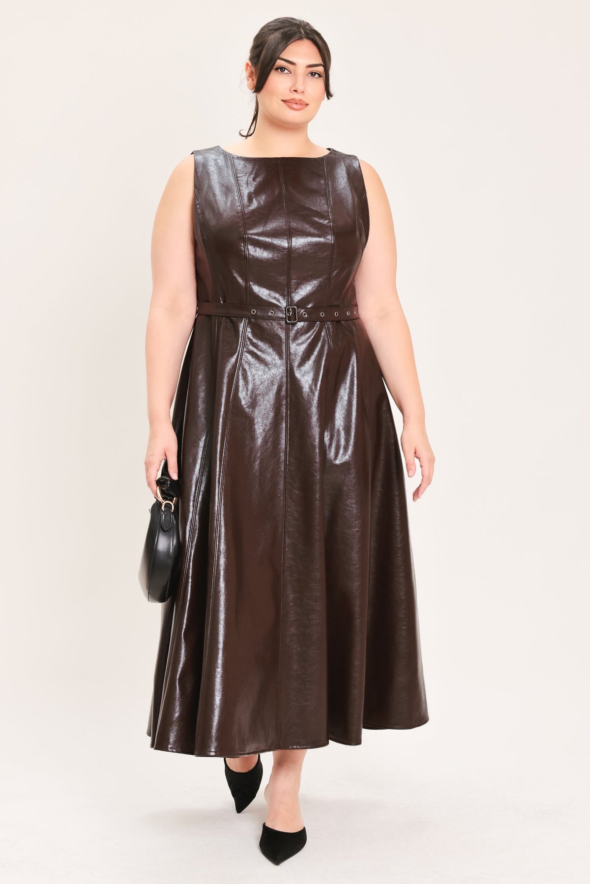 Dark Truffle Faux Leather Midi Dress