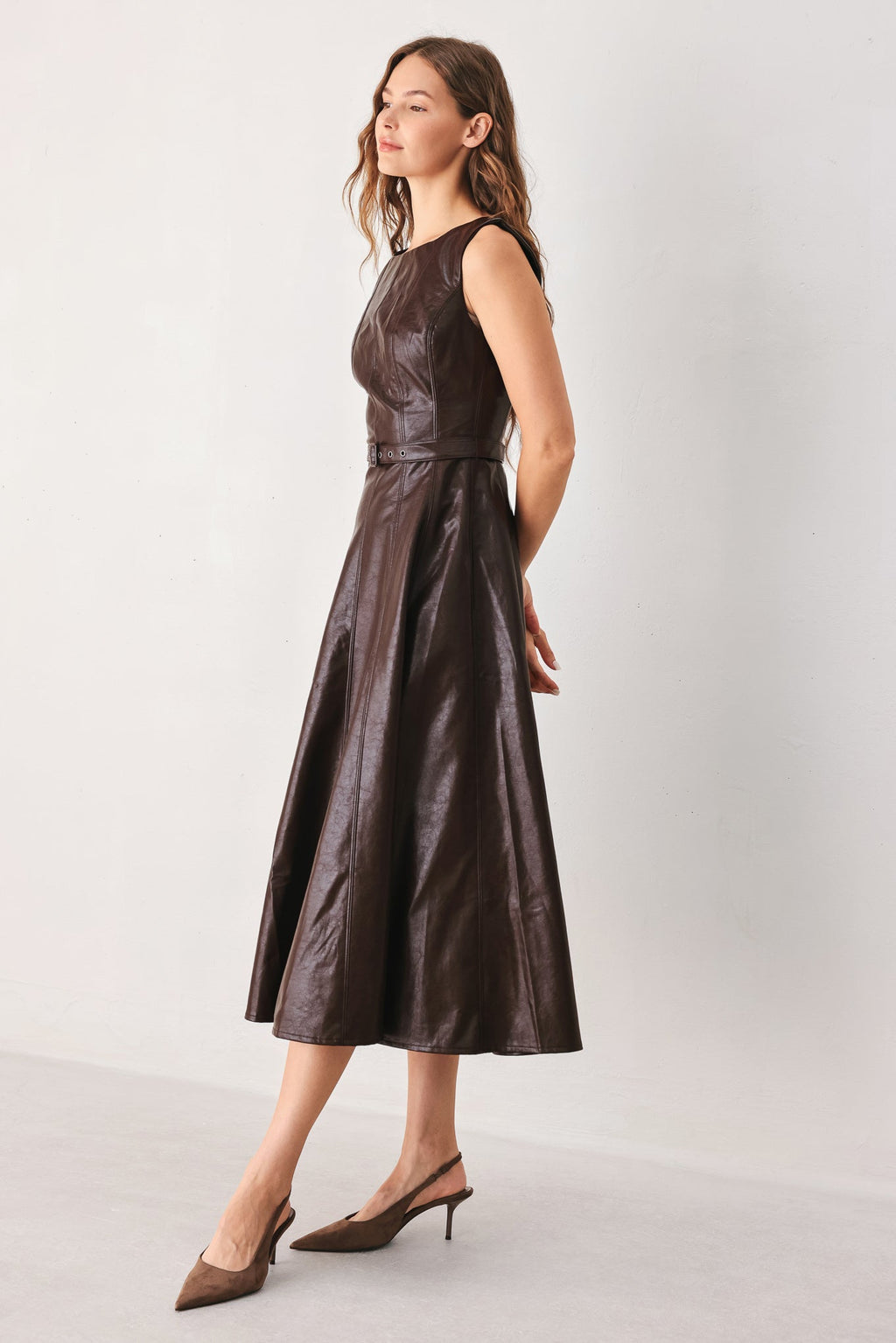 Dark Truffle Faux Leather Midi Dress