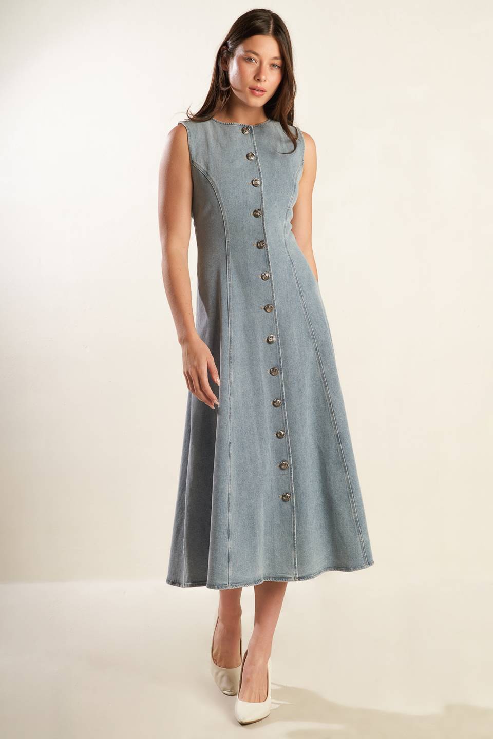 Nautical & Nice Denim Midi Dress - Light Wash Button-Down