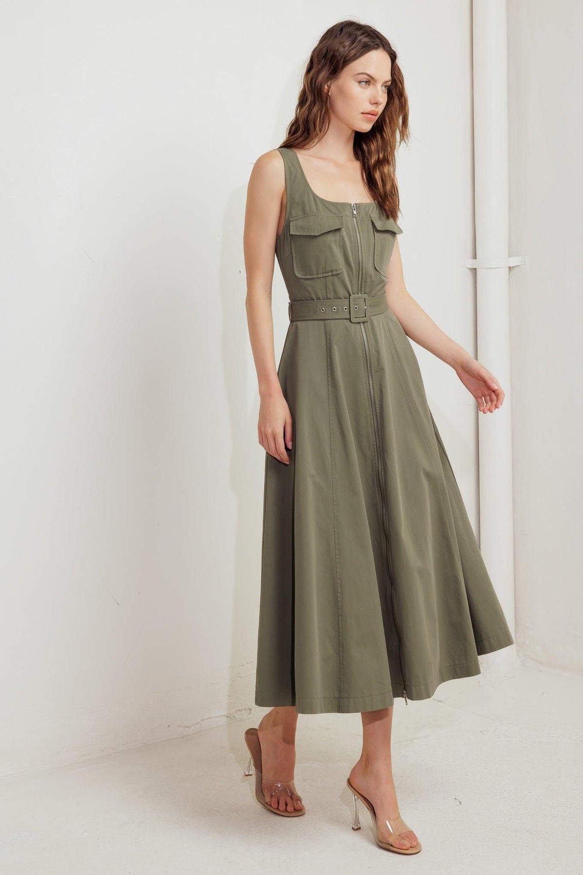 OLIVE GROVE WOVEN MIDI DRESS