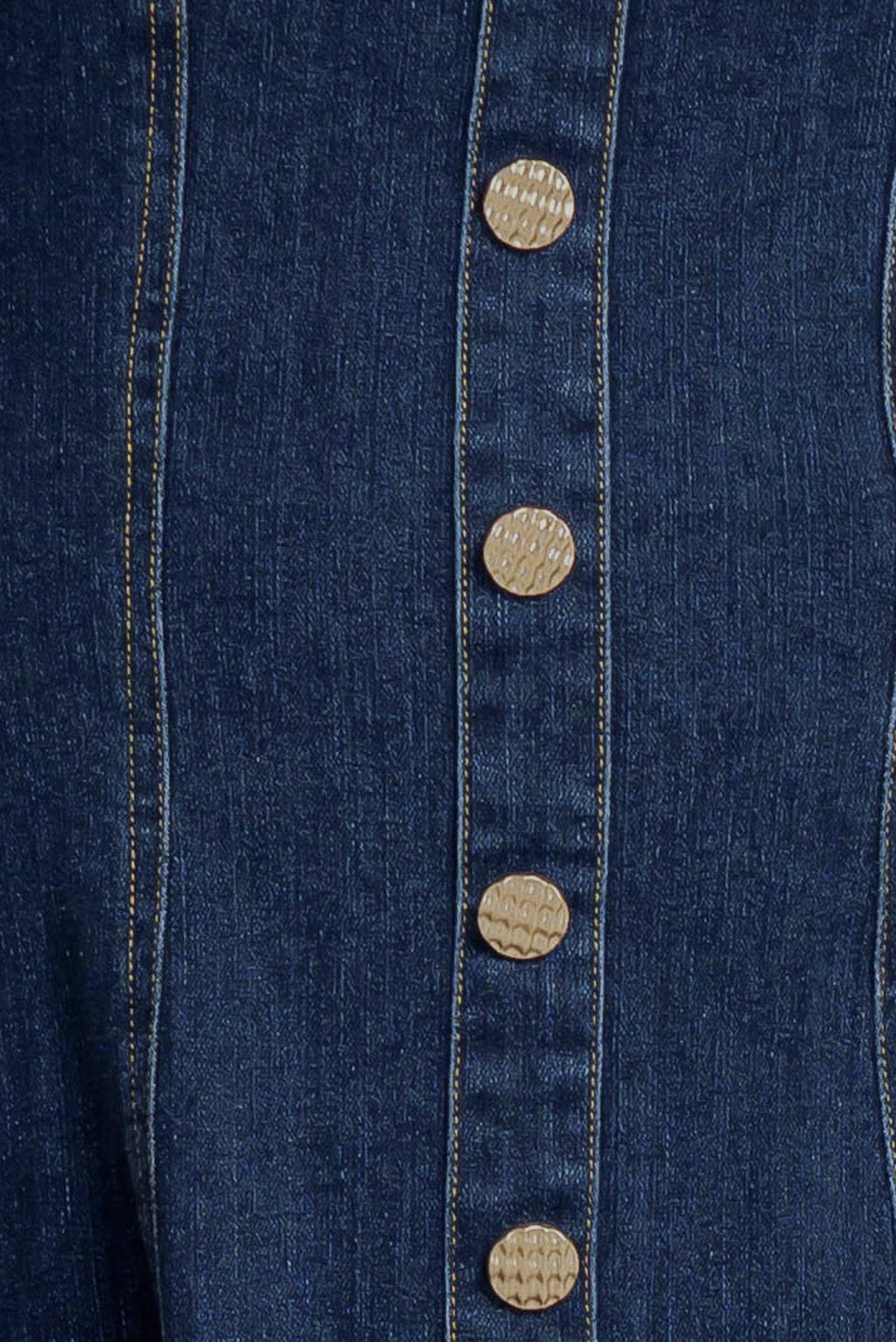 A washed denim mini dress featuring square neckline, short puff sleeve, button down detail, circle skirt and back zipper closure