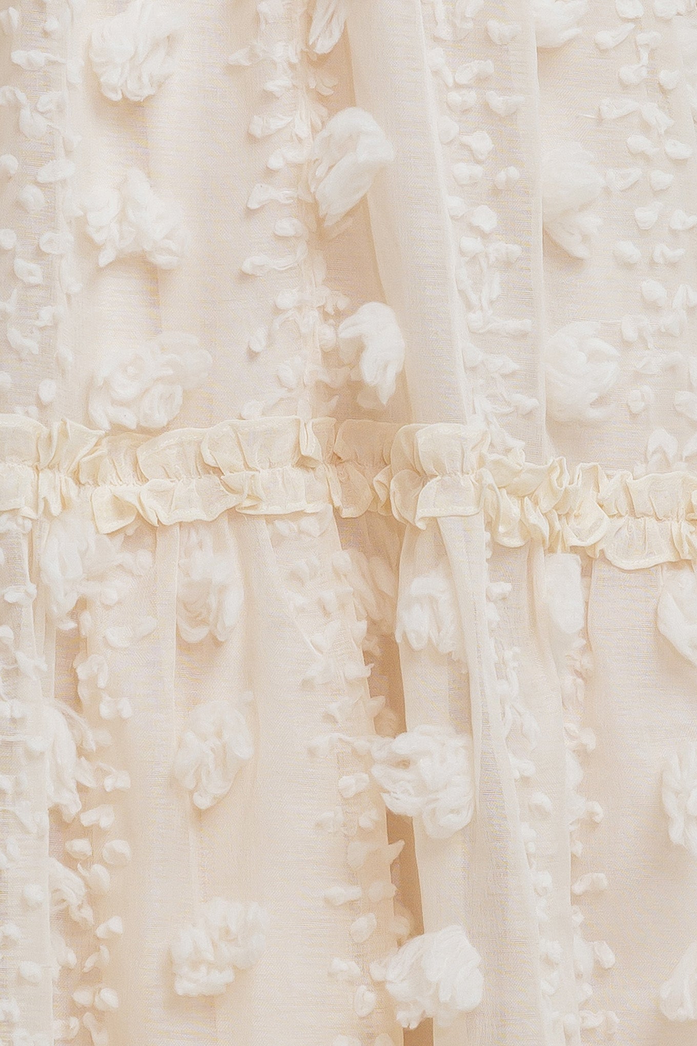 A cream textured woven ankle dress featuring ruffled cross front and tiered skirt