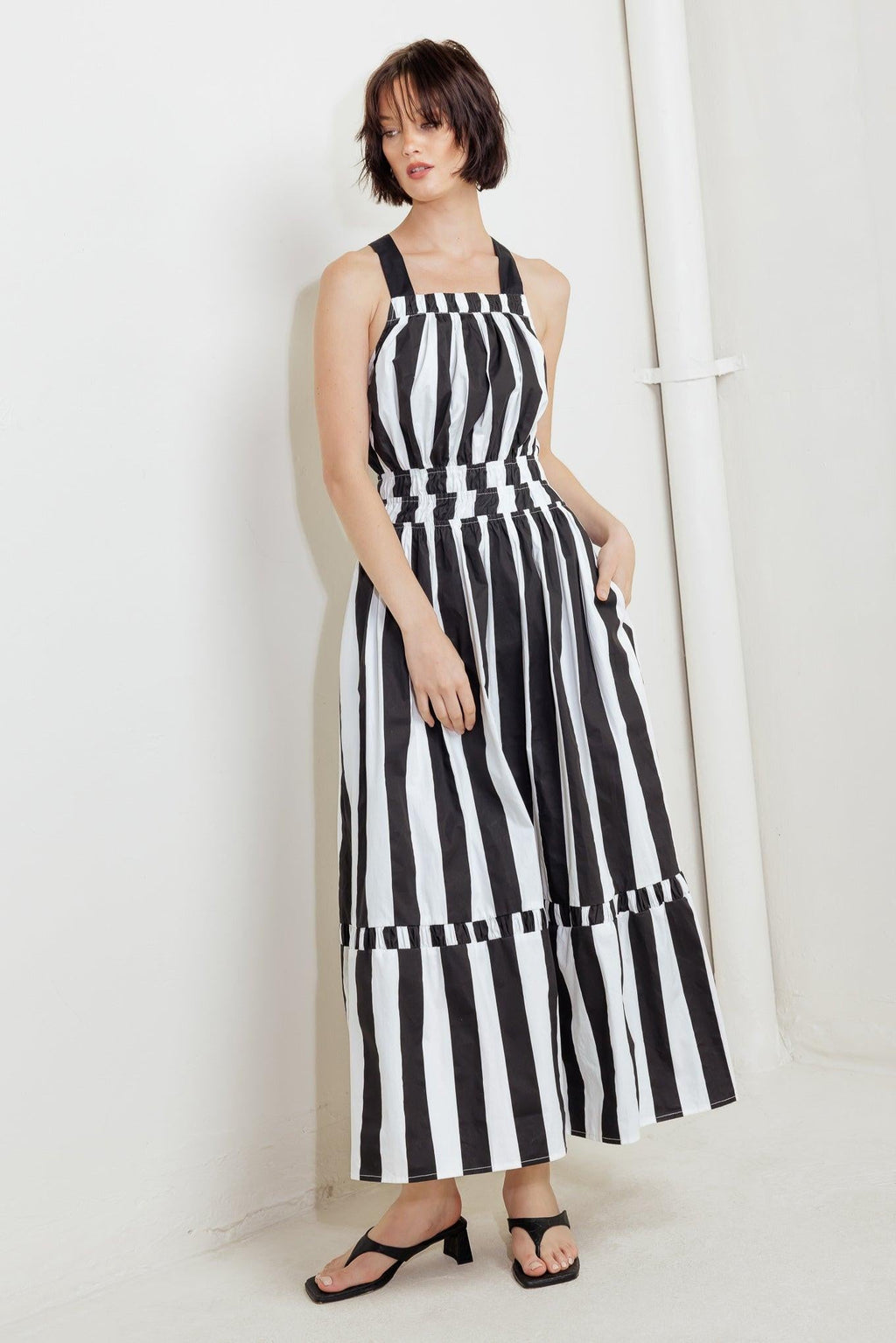 Luxe Linear Striped Woven Midi Dress