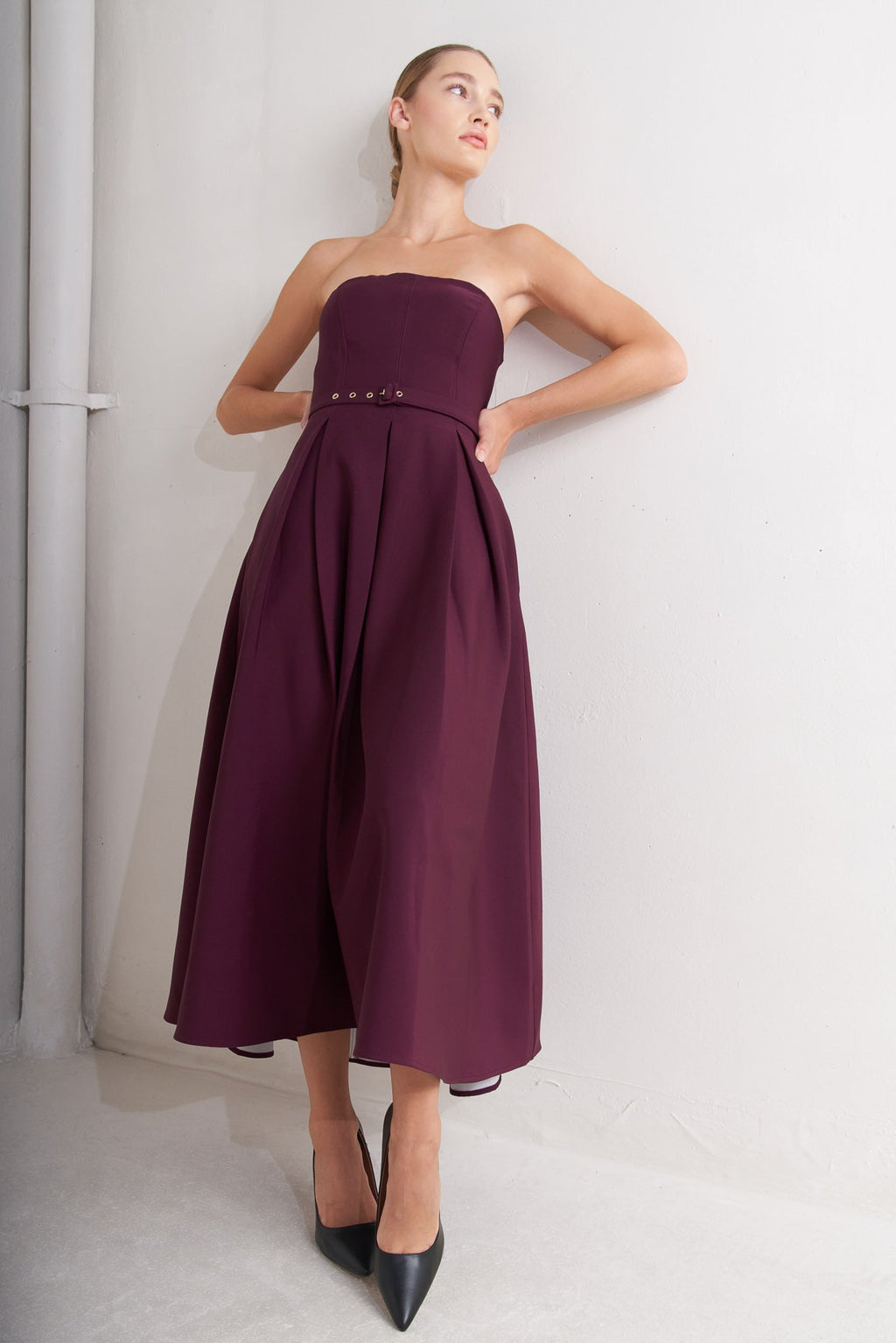 OPERA WINE WOVEN MIDI DRESS