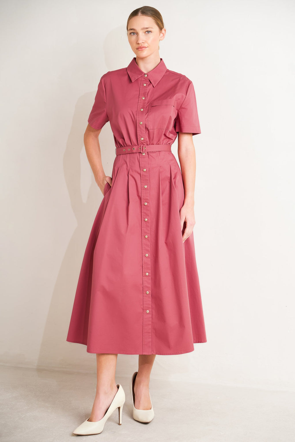 CINCHED COUTURE WOVEN MIDI DRESS