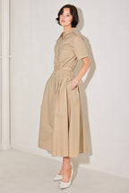 CINCHED COUTURE WOVEN MIDI DRESS