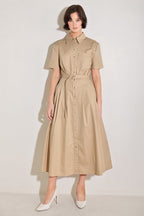 CINCHED COUTURE WOVEN MIDI DRESS