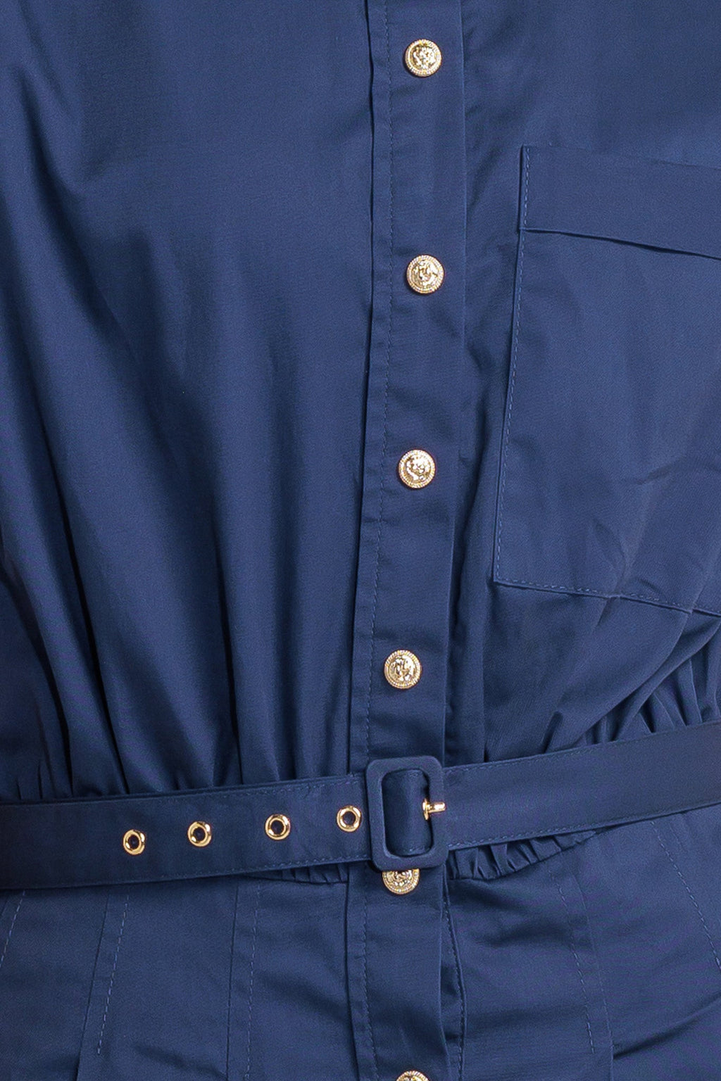 A solid woven midi dress featuring collar, short sleeve, front pocket, button down, self-belt and full skirt